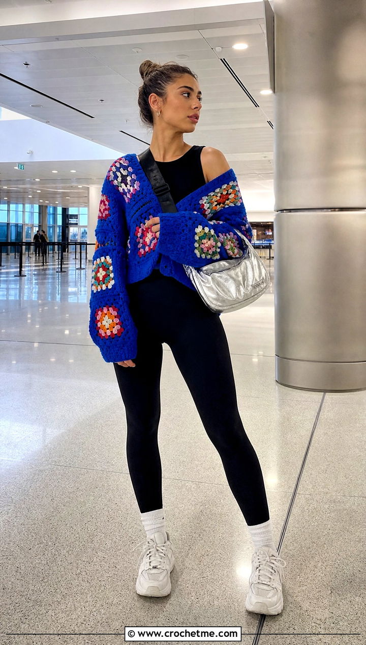 Oversized Granny Square Off The Shoulder Sweater With Black Leggings - 20 granny square off the shoulder sweater outfit ideas