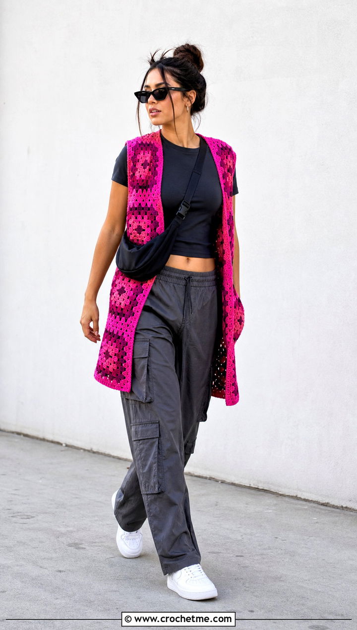 Oversized Granny Square Open Vest With Cargo Pants - 25 granny square open vest outfit ideas