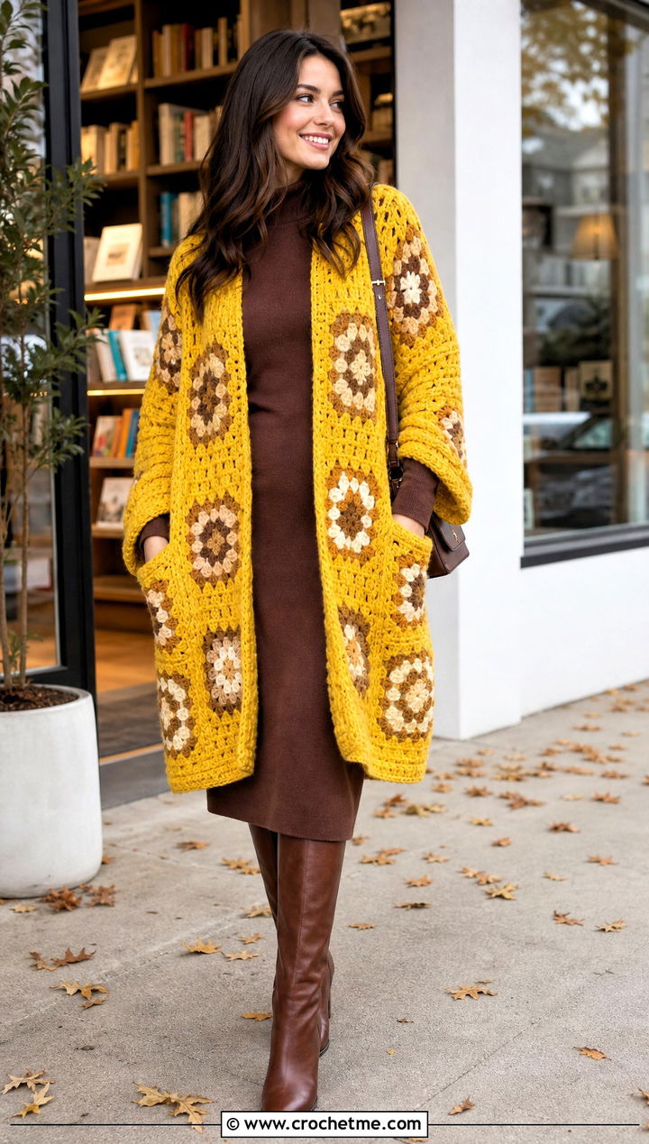 Oversized Granny Square Pocket Shawl With Sweater Dress - 20 Granny Square Pocket Shawl outfit ideas