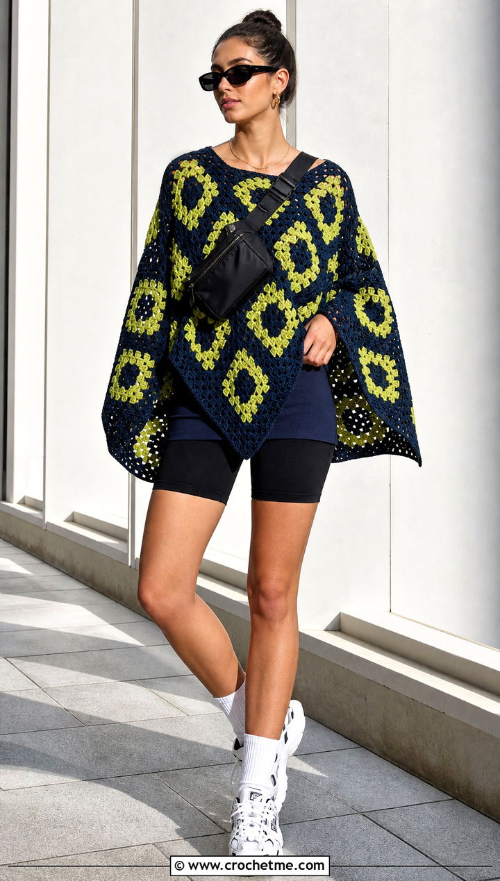 Oversized Granny Square Poncho With Biker Shorts - 35 granny square poncho outfit ideas