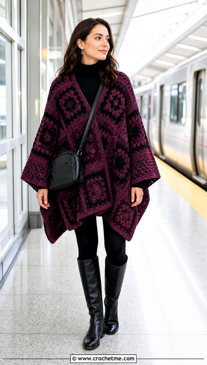 Oversized Granny Square Poncho With Black Leggings - 15 easy granny square poncho outfit ideas