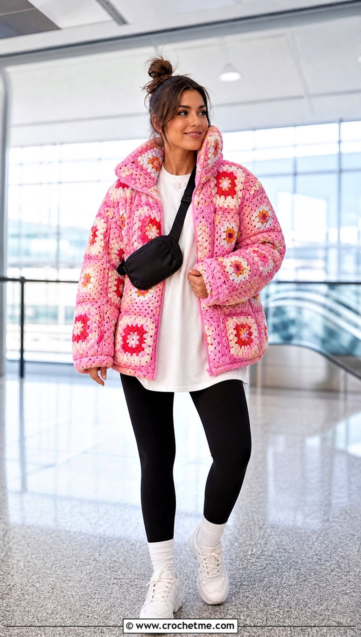 Oversized Granny Square Puffer Jacket With Black Leggings - 15 granny square puffer jacket outfit ideas