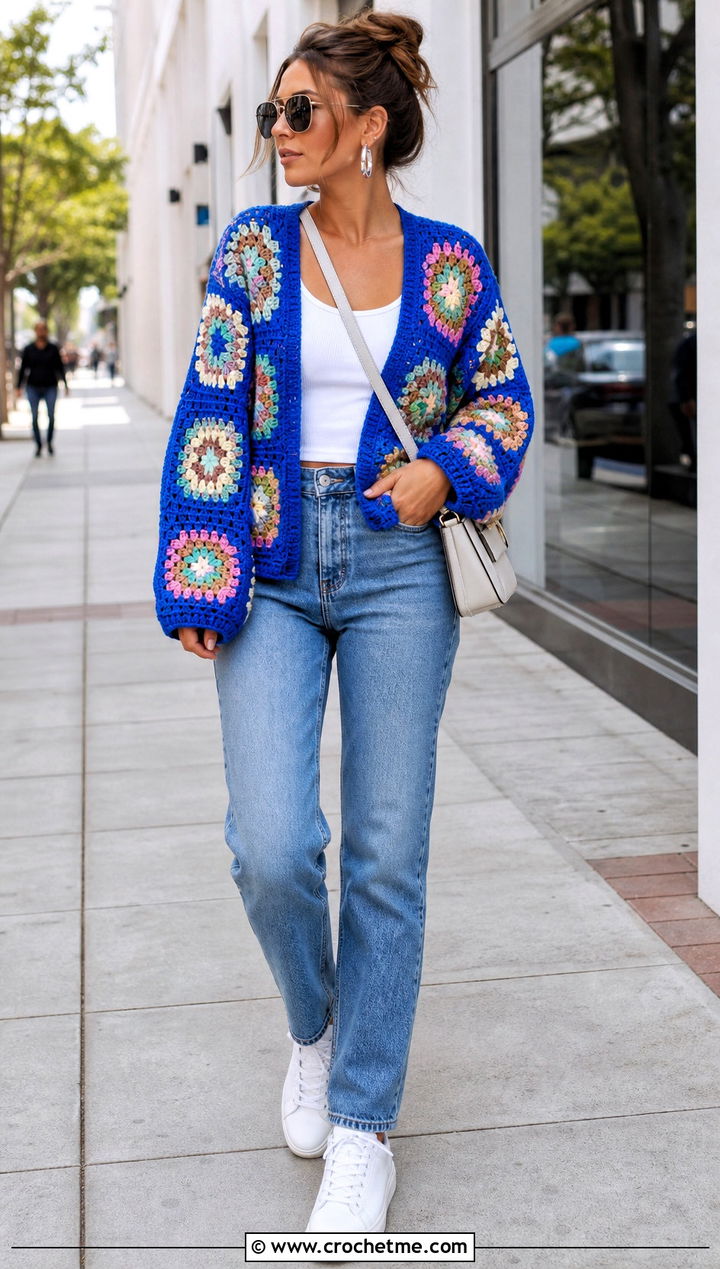 Oversized Granny Square Pullover Sweater With Straight Leg Jeans - 25 crochet granny square pullover sweater outfit ideas