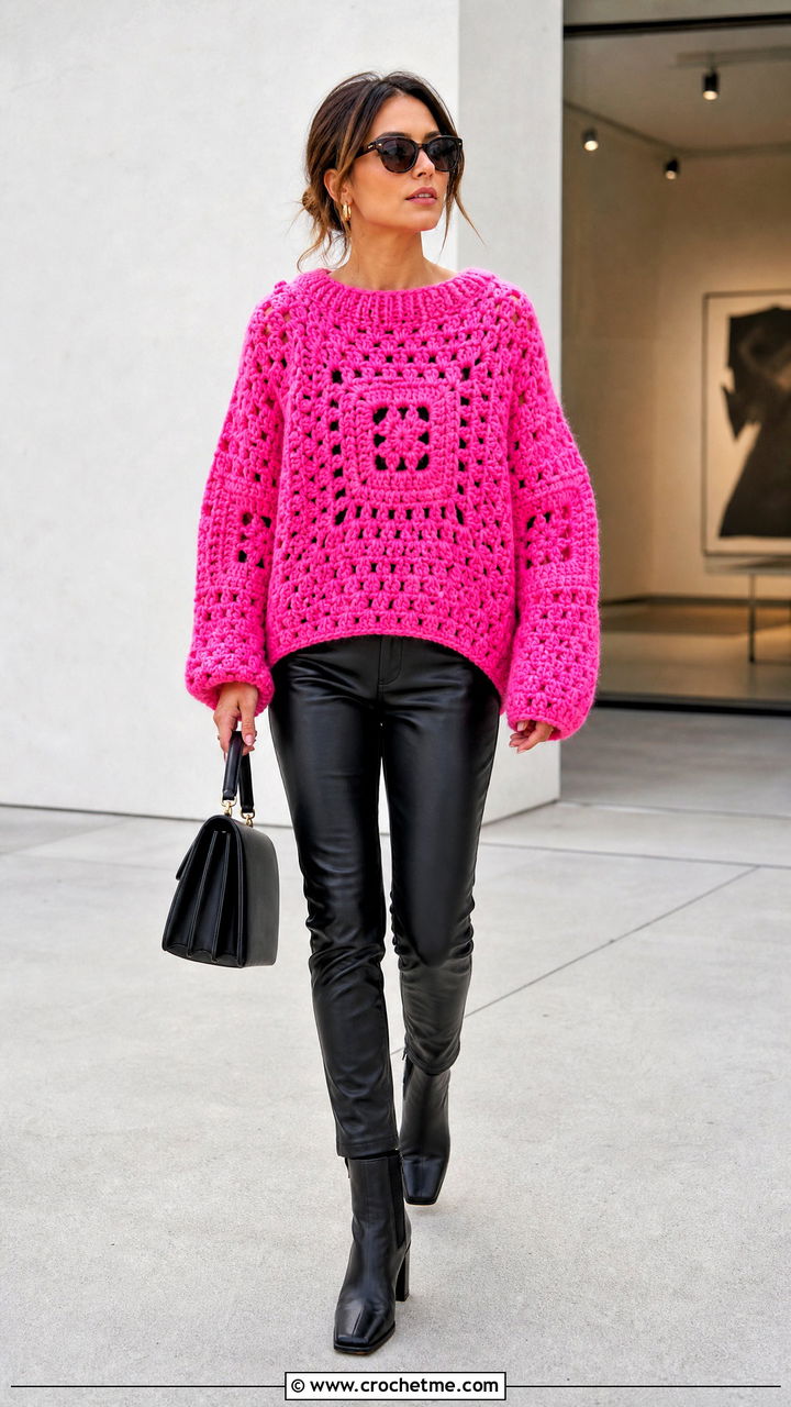Oversized Granny Square Pullover With Leather Pants - 35 crochet granny square pullover outfit ideas