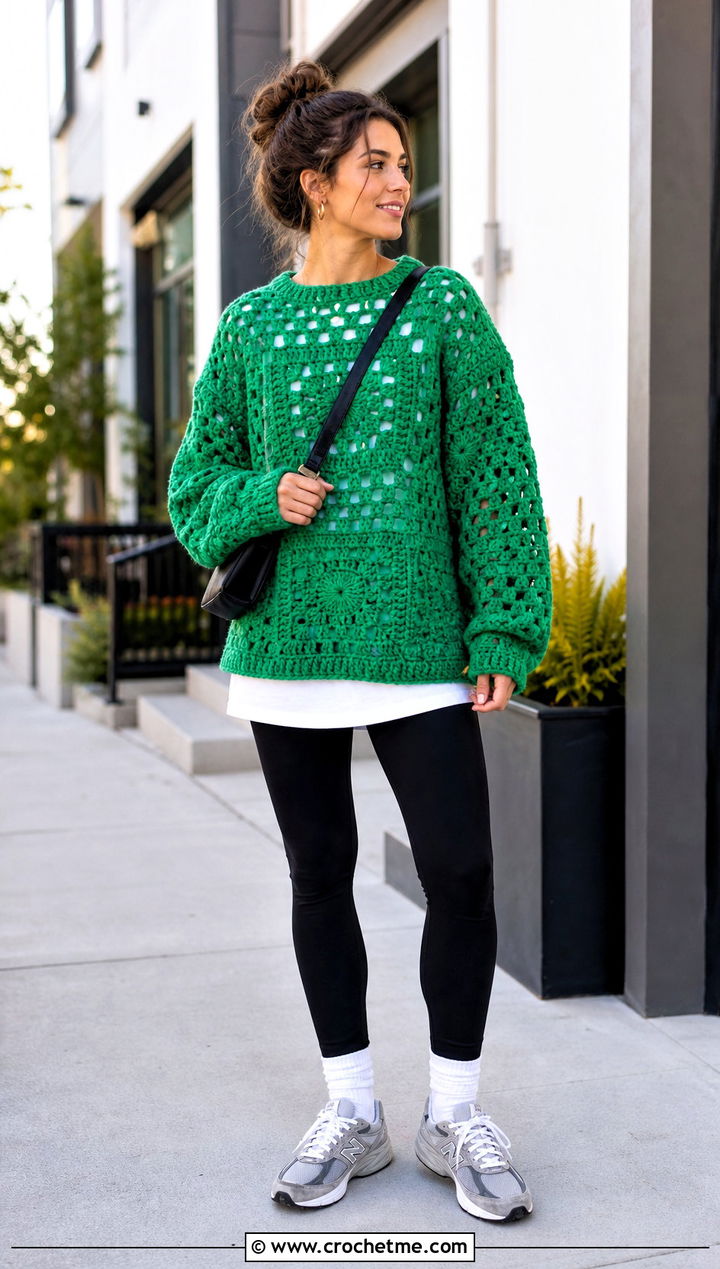 Oversized Granny Square Pullover With Leggings And Sneakers - 15 love my granny crochet pullover outfit ideas