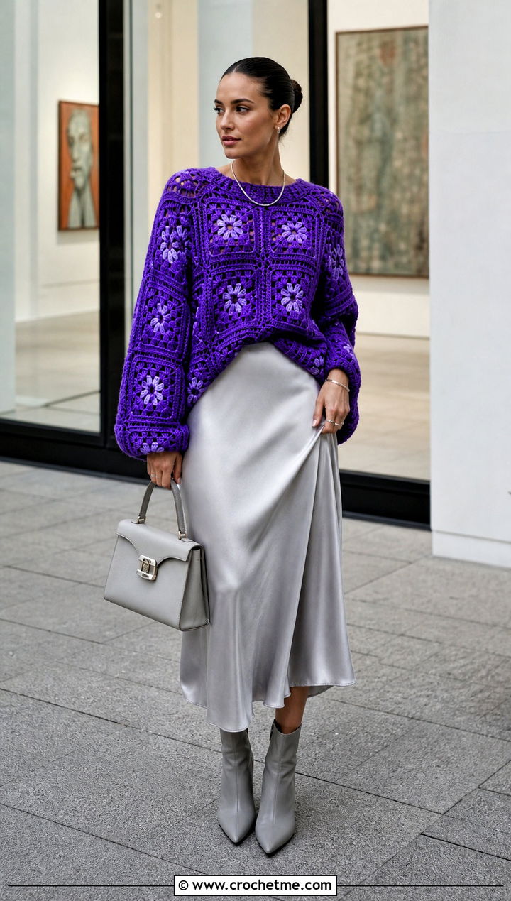 Oversized Granny Square Pullover With Satin Midi Skirt - 25 granny crochet sweater outfit ideas