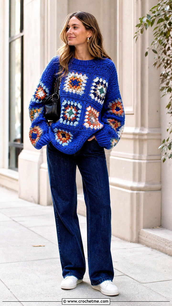 Oversized Granny Square Pullover With Straight Leg Jeans - 35 granny square pullover outfit ideas