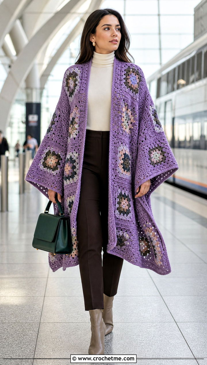 Oversized Granny Square Ruana With Slim Trousers - 25 Granny Square Ruana outfit ideas