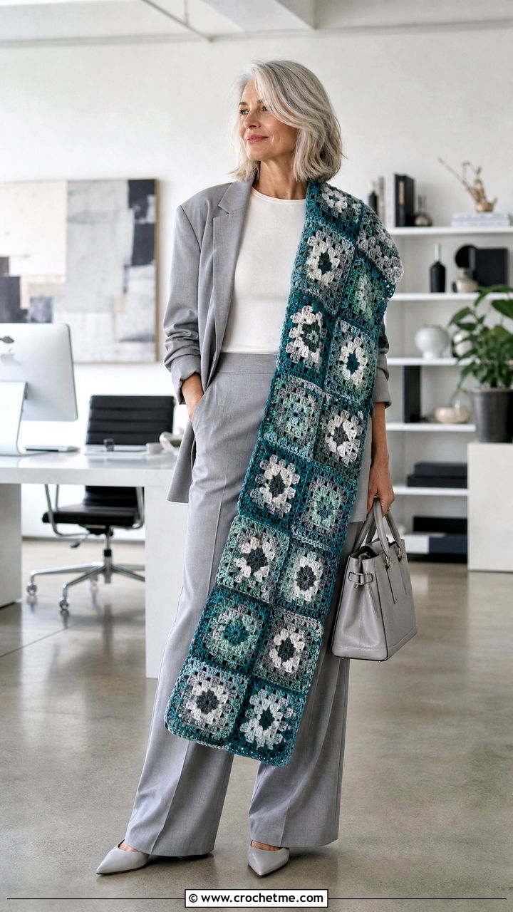 Oversized Granny Square Scarf With Blazer And Wide Leg Pants - 35 granny square scarf outfit ideas