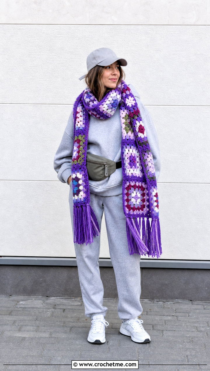 Oversized Granny Square Scarf With Hoodie And Joggers - 35 granny square crochet scarf outfit ideas