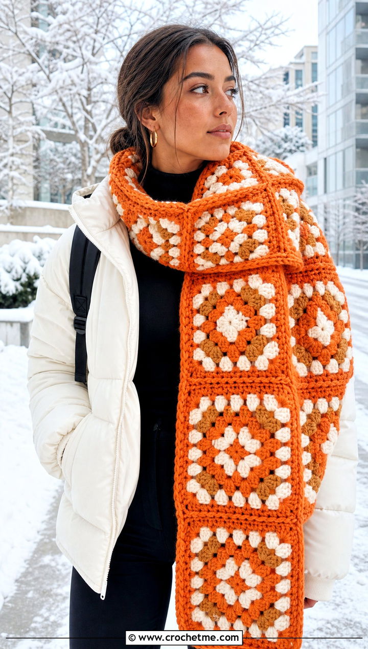 Oversized Granny Square Scarf With Puffer Jacket And Leggings - 30 crochet scarf squares outfit ideas