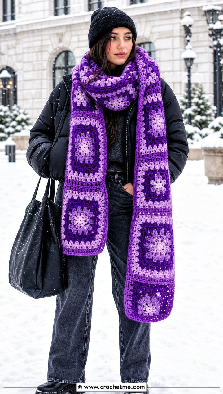 Oversized Granny Square Scarf With Puffer Jacket and Boots - 25 granny square scarves outfit ideas