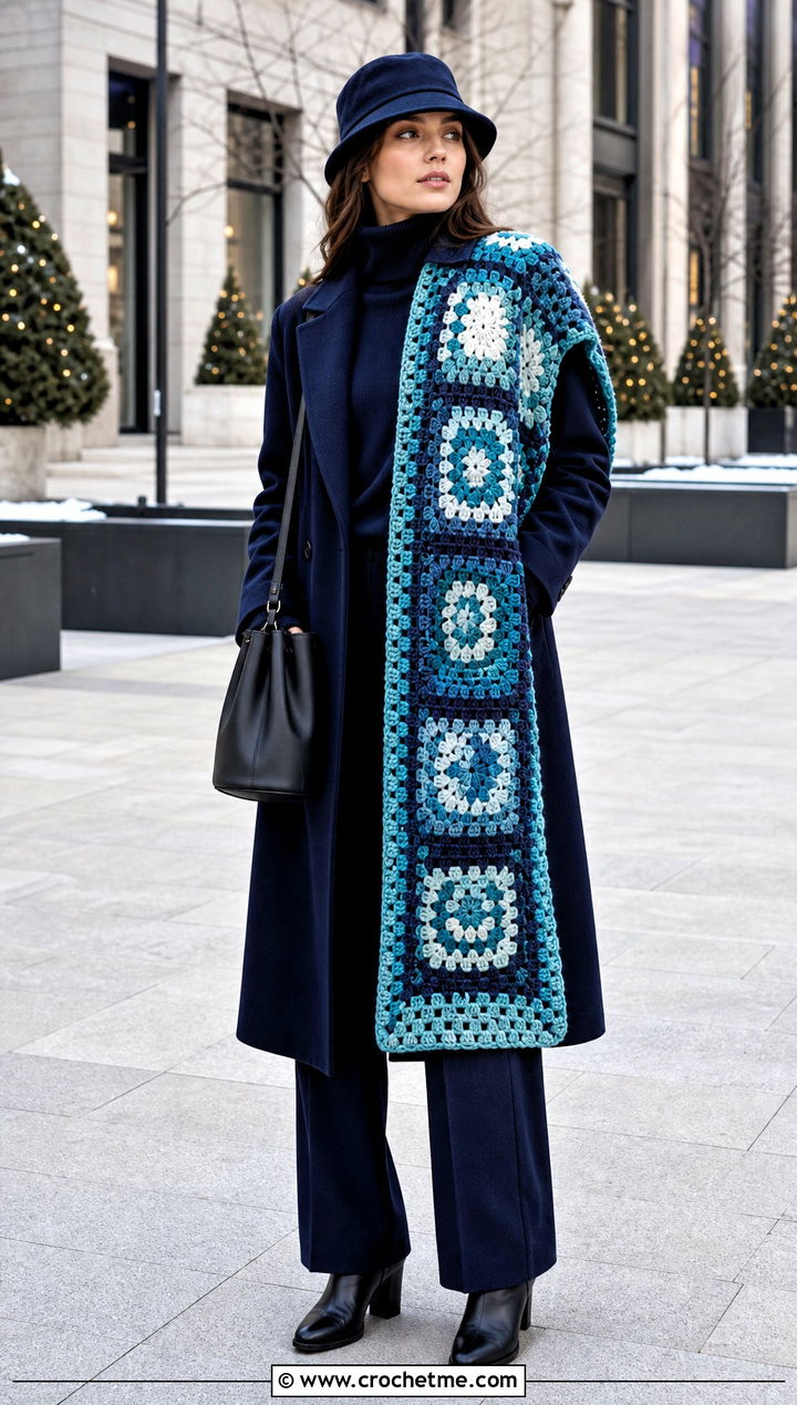 Oversized Granny Square Scarf With Wool Coat - 35 granny crochet scarf outfit ideas