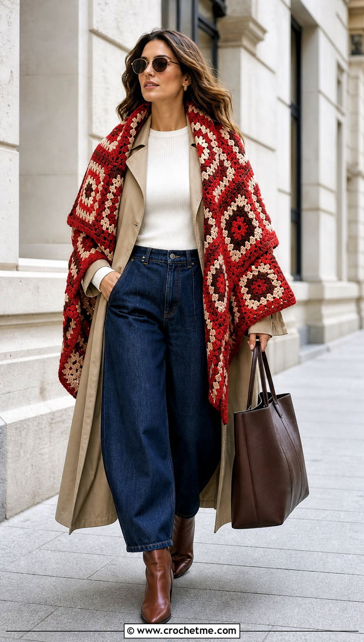 Oversized Granny Square Shawl With Trench Coat And Barrel Jeans - 35 granny square shawl outfit ideas
