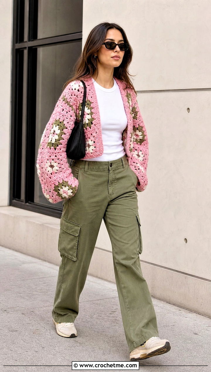 Oversized Granny Square Shrug With Cargo Pants - 25 Crochet Granny Shrug outfit ideas