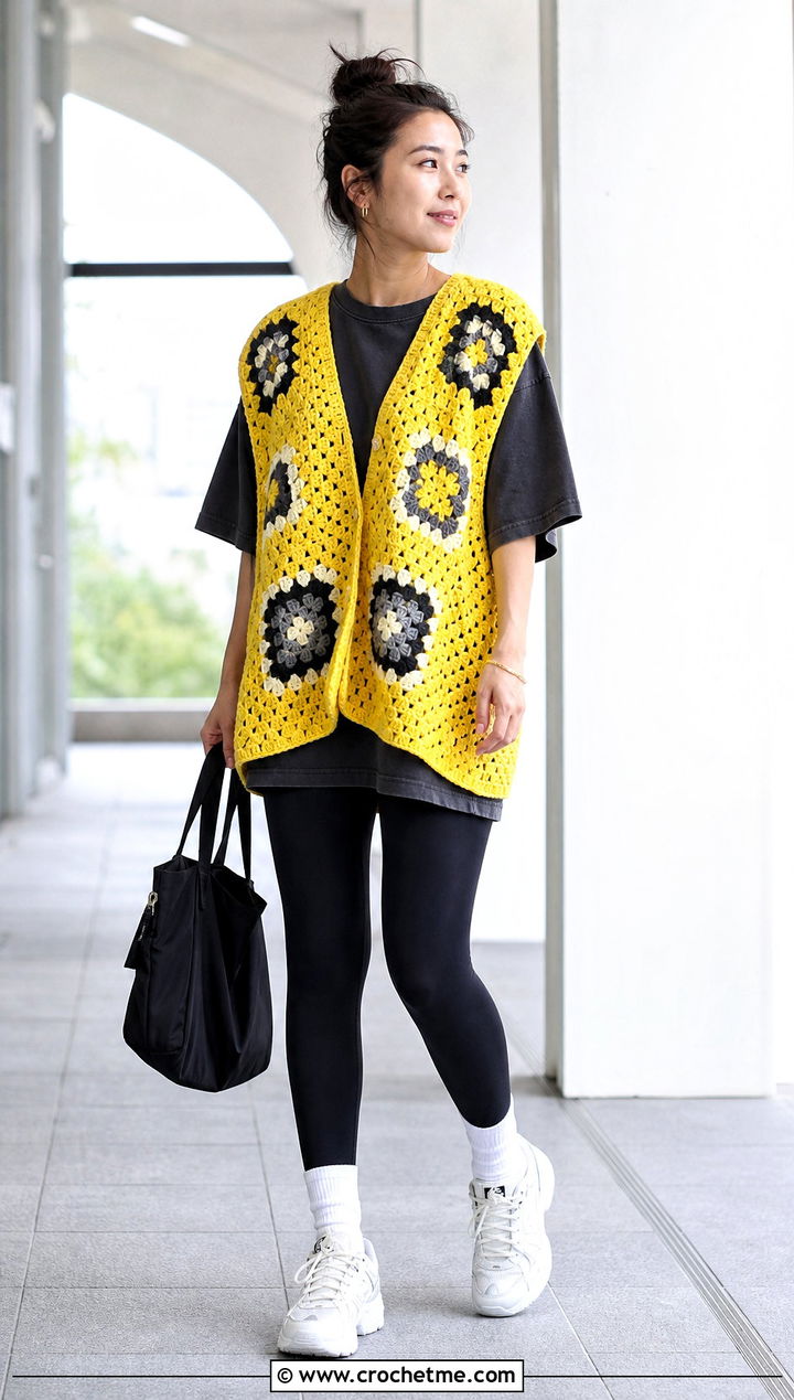 Oversized Granny Square Sleeveless Cardigan With Leggings - 30 granny square sleeveless cardigan outfit ideas