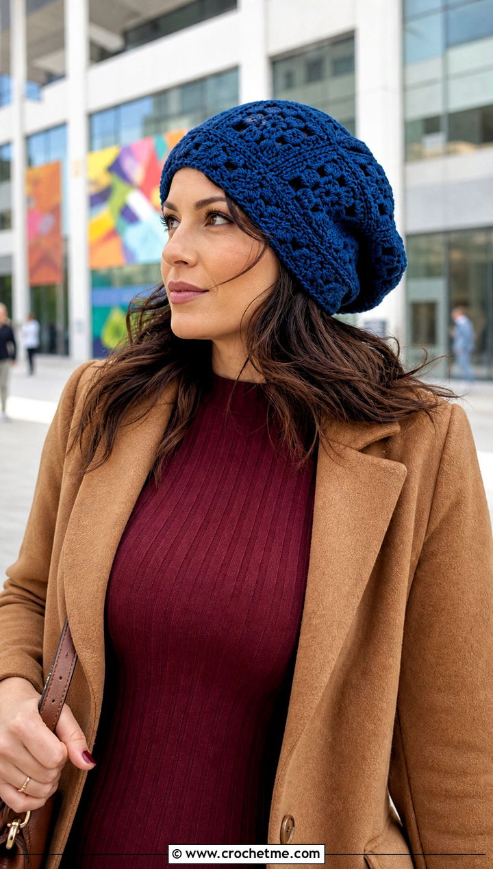 Oversized Granny Square Slouch Hat With Knit Dress - 30 crochet square hat outfit ideas