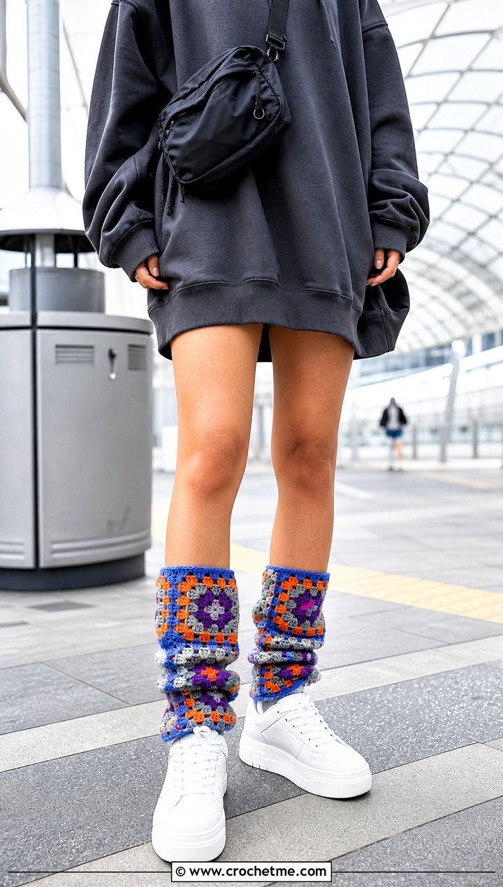 Oversized Granny Square Slouch Socks With A Hoodie Dress And Sneakers - 35 crochet granny square socks outfit ideas