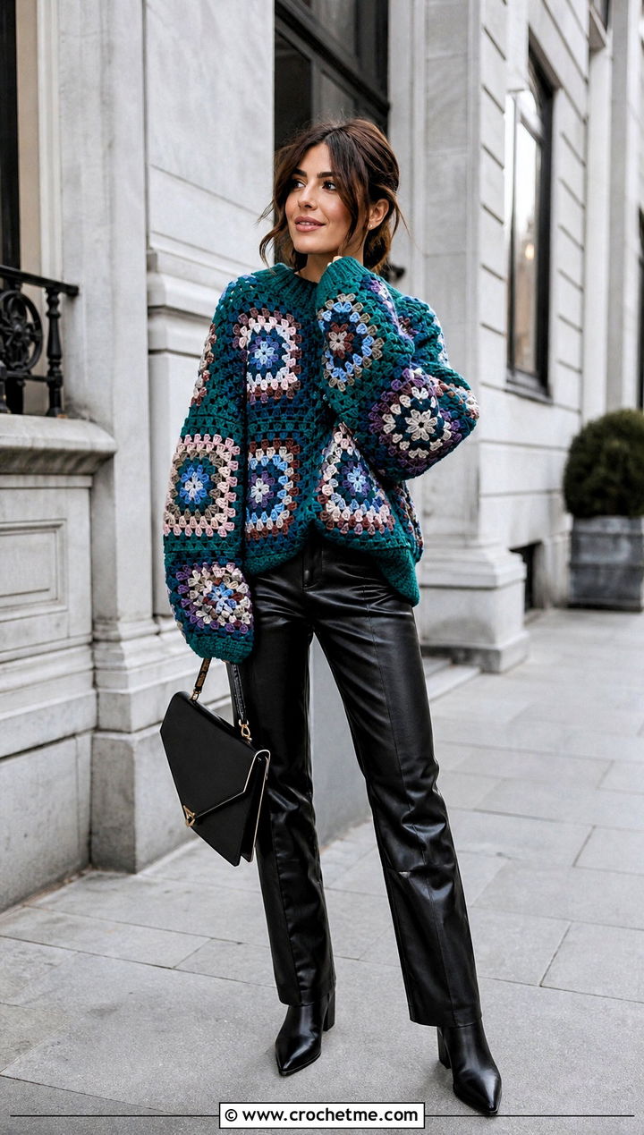 Oversized Granny Square Stitch Sweater With Leather Pants - 25 granny square stitch sweater outfit ideas