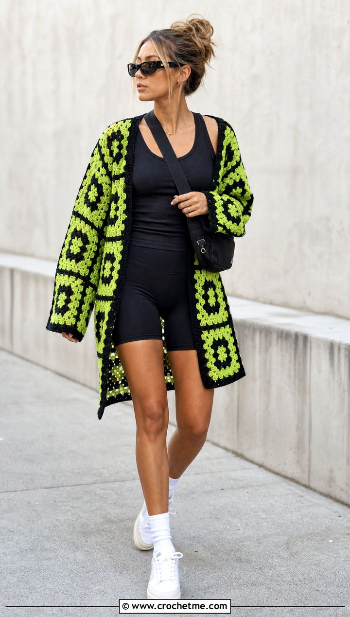 Oversized Granny Square Summer Cardigan With Bike Shorts - 30 granny square summer cardigan outfit ideas