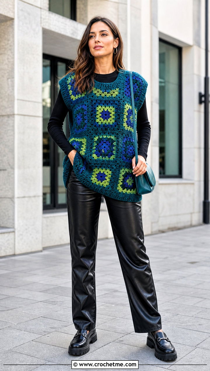 Oversized Granny Square Sweater Vest With Leather Pants - 15 Crochet Granny Square Sweater Vest outfit ideas