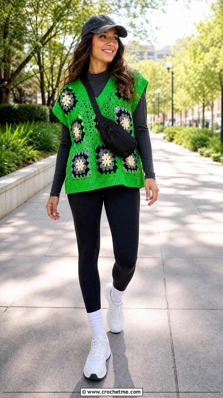 Oversized Granny Square Sweater Vest With Leggings - 35 granny square sweater vest outfit ideas