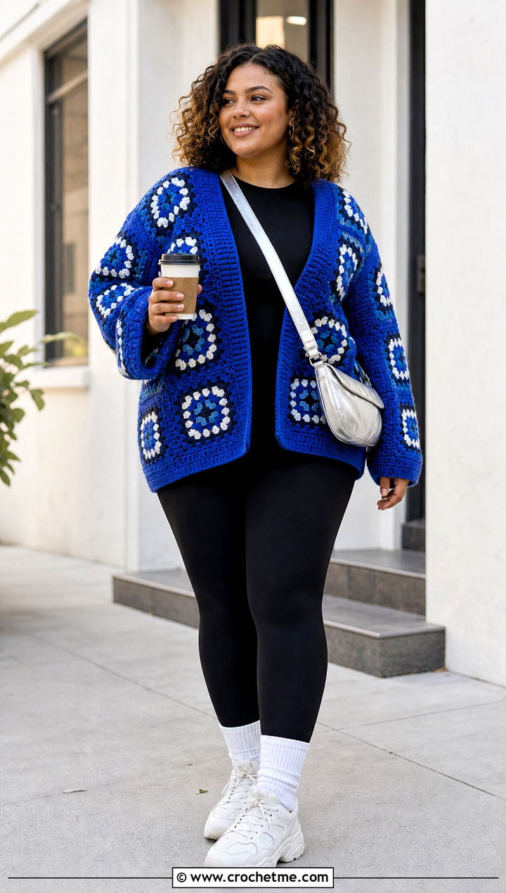 Oversized Granny Square Sweater With Black Leggings - 30 easy granny square sweater outfit ideas