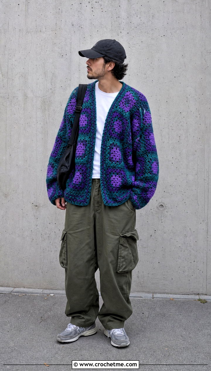 Oversized Granny Square Sweater With Cargo Pants - 25 Crochet Granny Square Sweater For Men outfit ideas