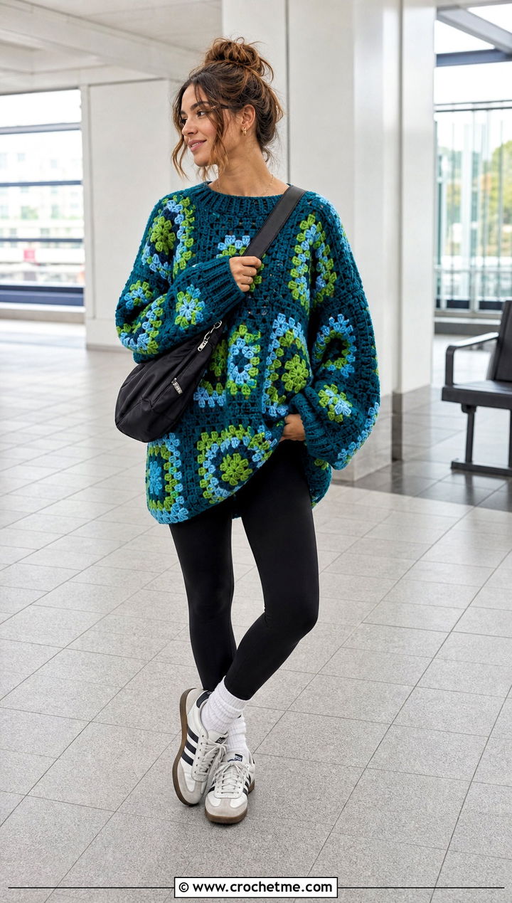 Oversized Granny Square Sweater With Leggings - 25 Granny Squares Sweater outfit ideas