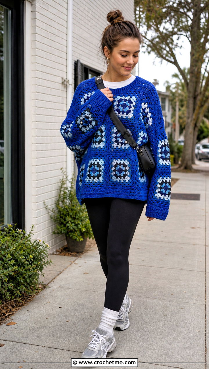 Oversized Granny Square Sweater With Leggings - 30 crochet sweater with granny squares outfit ideas