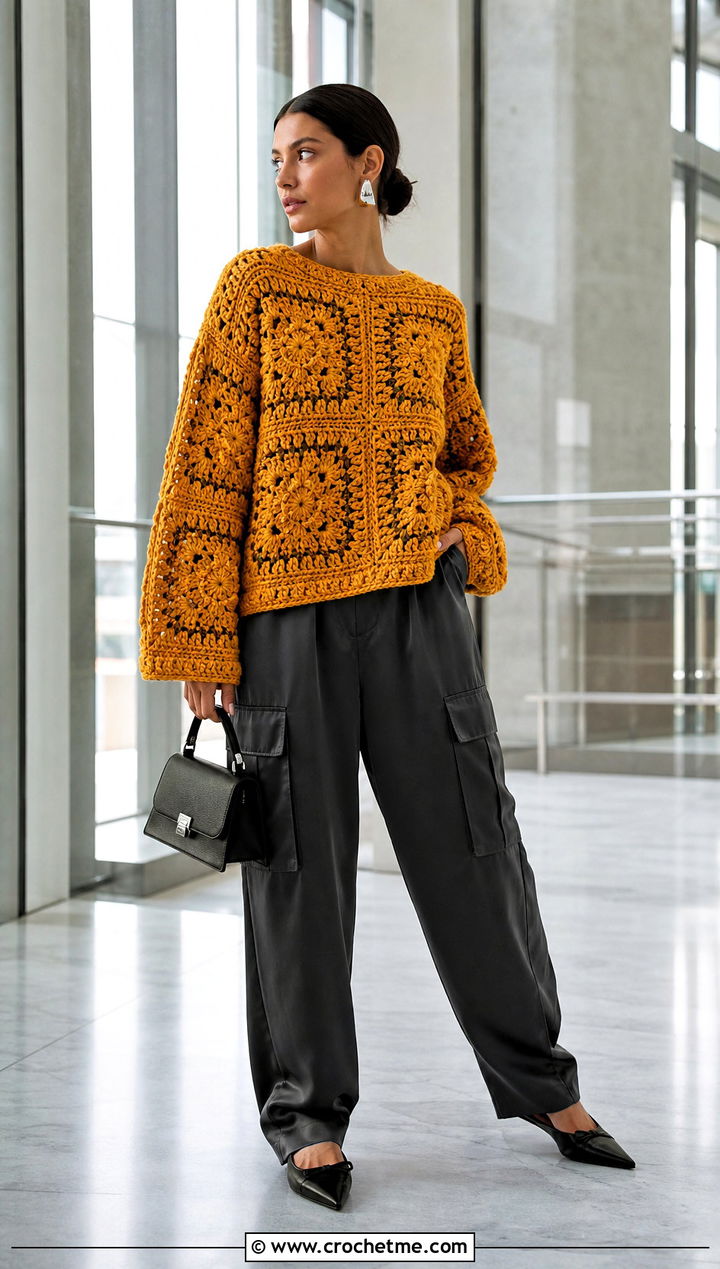 Oversized Granny Square Sweater With Satin Cargo Pants - 35 Crochet Square Sweater outfit ideas