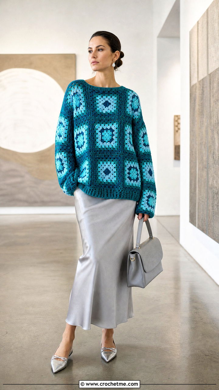 Oversized Granny Square Sweater With Satin Midi Skirt - 35 crochet granny square sweater outfit ideas