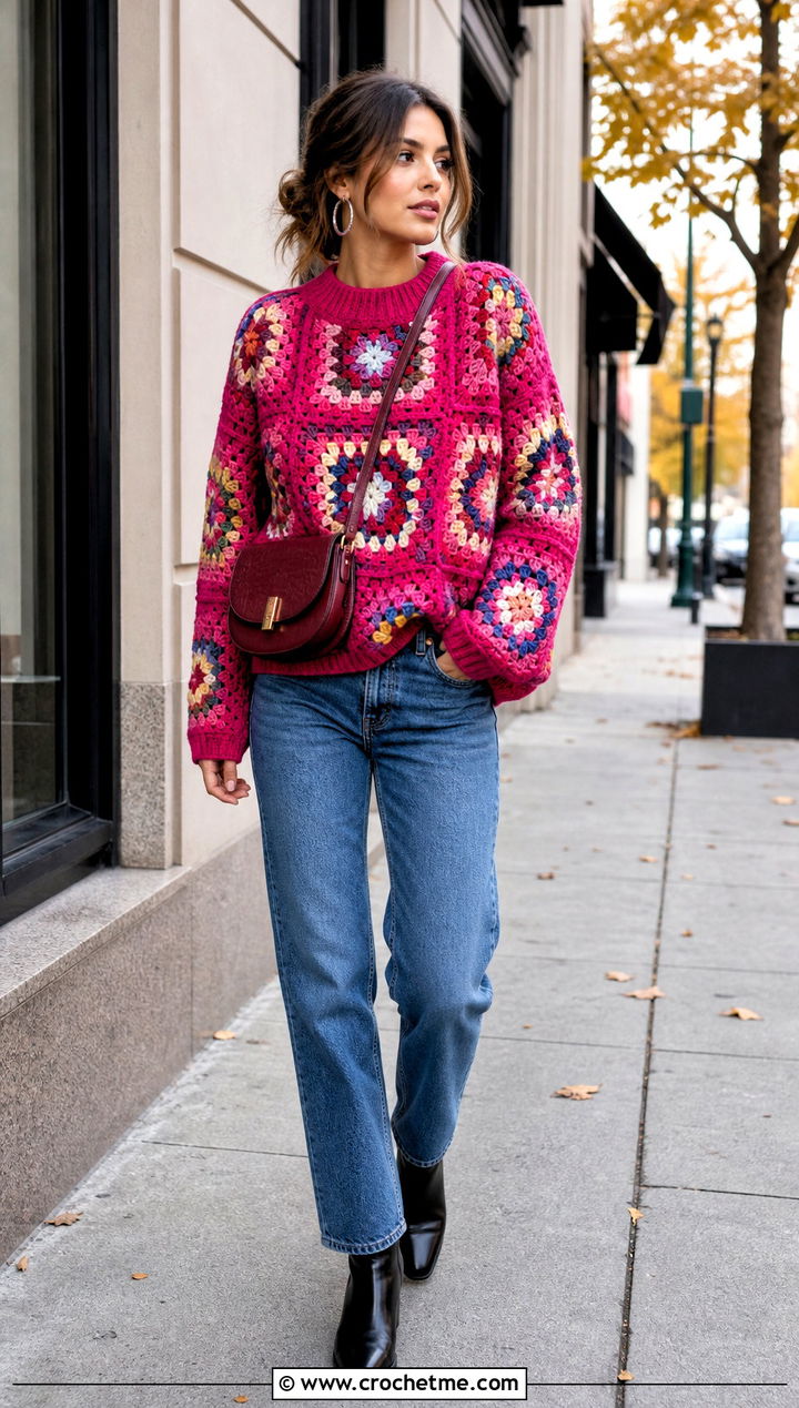 Oversized Granny Square Sweater With Straight Leg Jeans - 25 Fall Granny Square Sweater outfit ideas