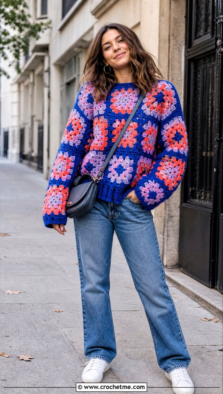 Oversized Granny Square Sweater With Straight Leg Jeans - 30 crochet patchwork sweater outfit ideas