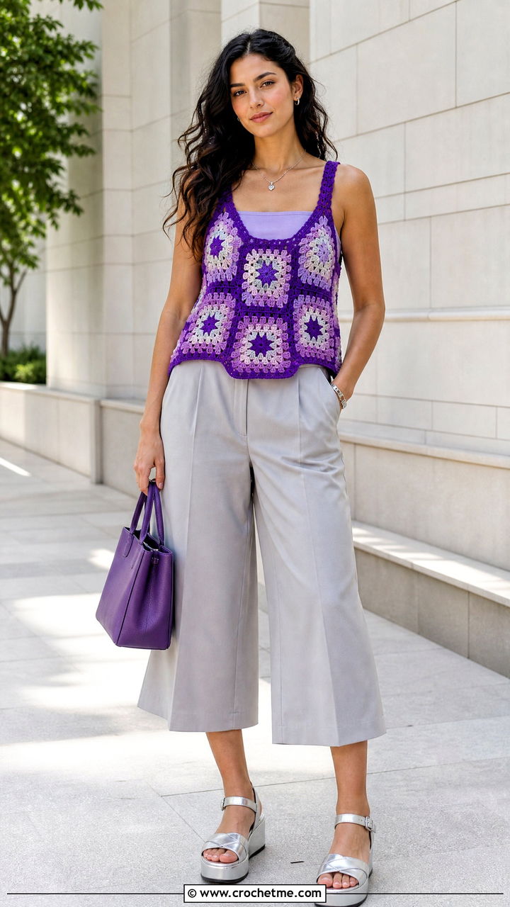 Oversized Granny Square Tank Top With Culottes - 35 granny square tank top outfit ideas