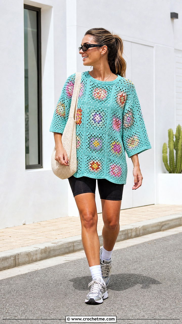 Oversized Granny Square Tee With Biker Shorts - 35 granny square top outfit ideas