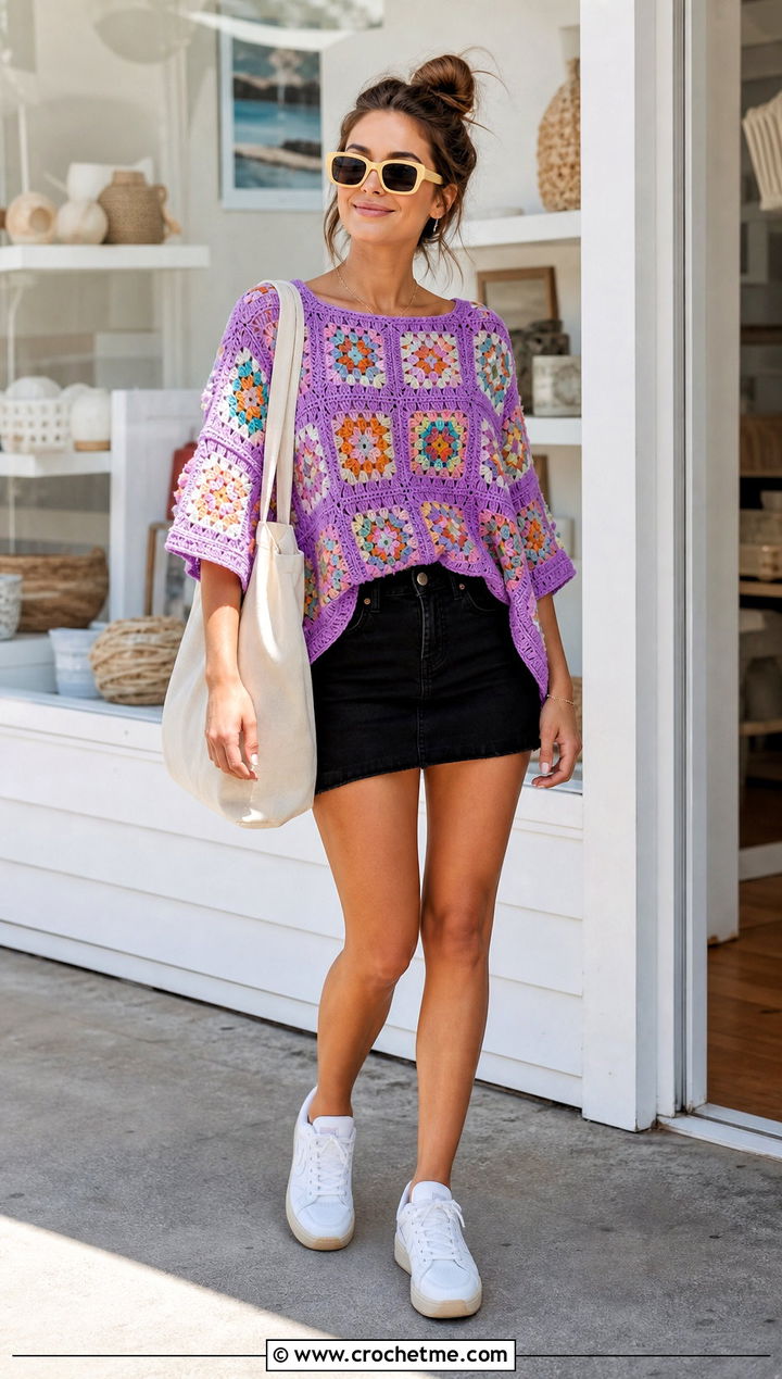 Oversized Granny Square Top With Denim Mini Skirt - 30 crochet granny square summer top outfit ideas