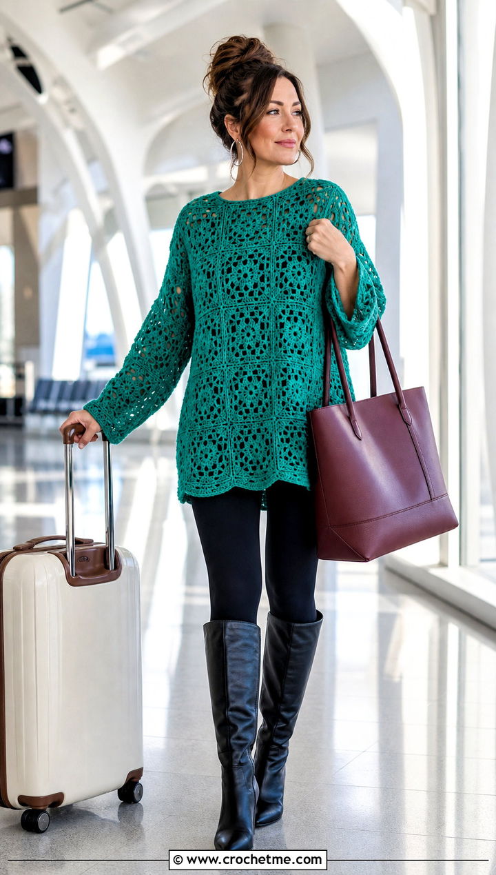 Oversized Granny Square Tunic Top With Leggings - 35 granny square crochet top outfit ideas