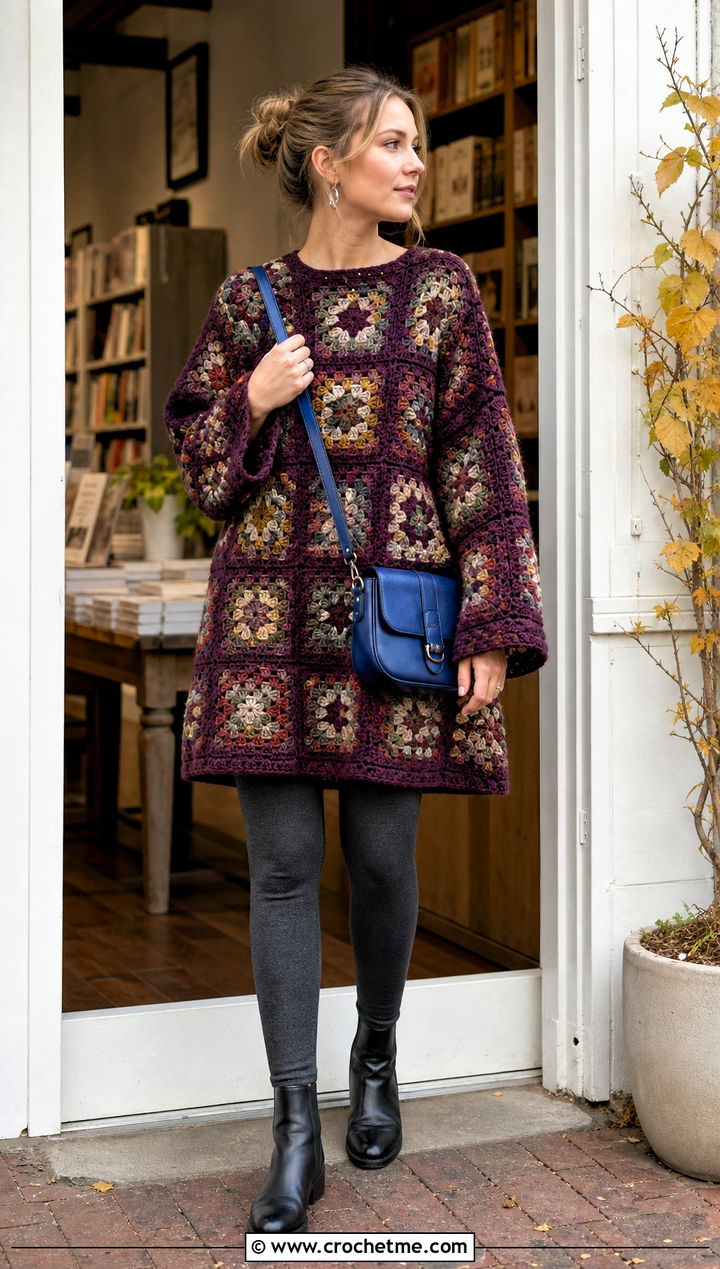 Oversized Granny Square Tunic With Leggings And Boots - 35 granny squares top outfit ideas