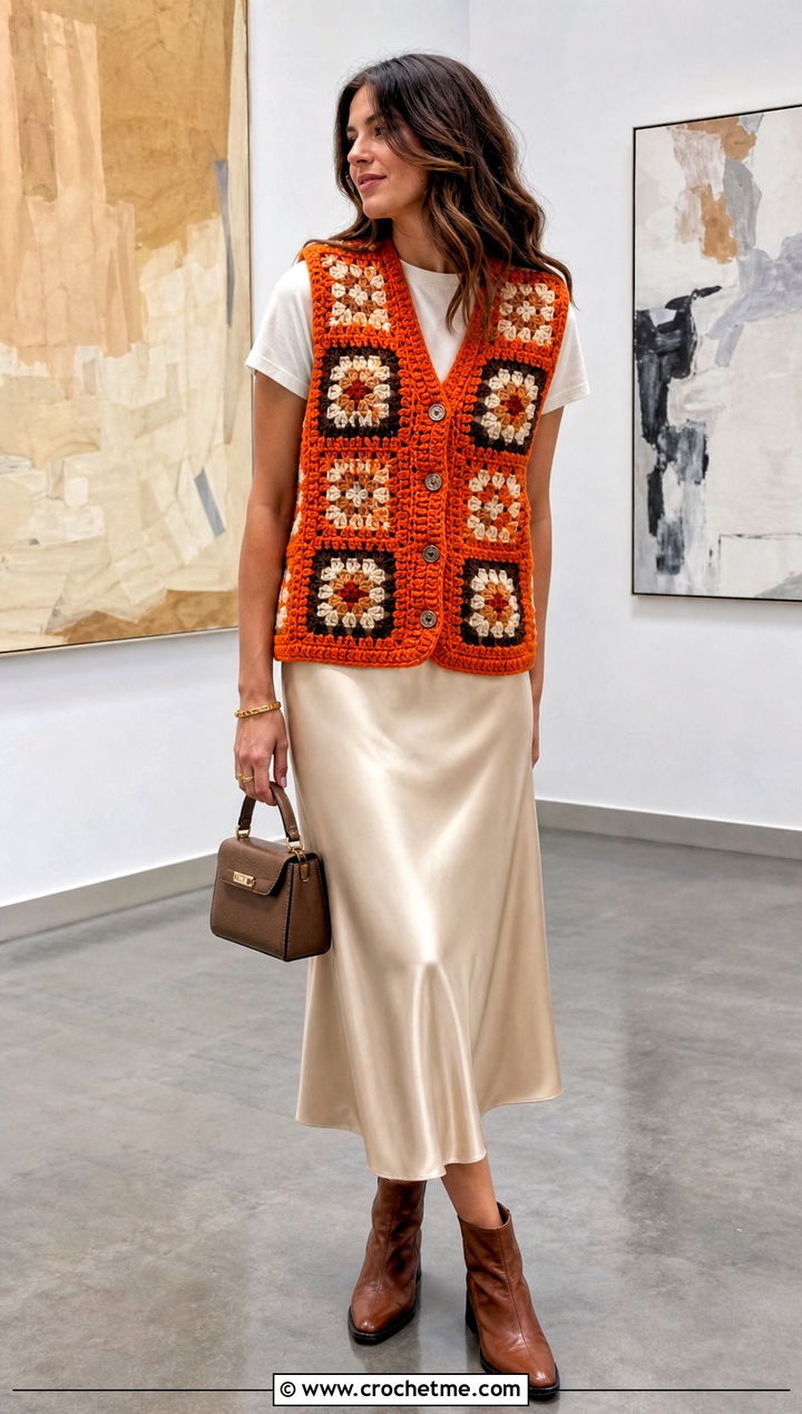 Oversized Granny Square Vest With A Satin Slip Skirt - 15 Crochet Granny Square Vest outfit ideas
