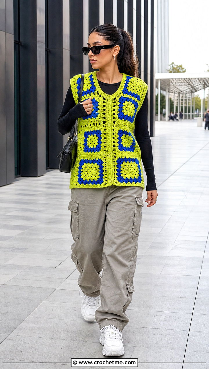 Oversized Granny Square Waistcoat With Cargo Pants - 35 granny square waistcoat outfit ideas