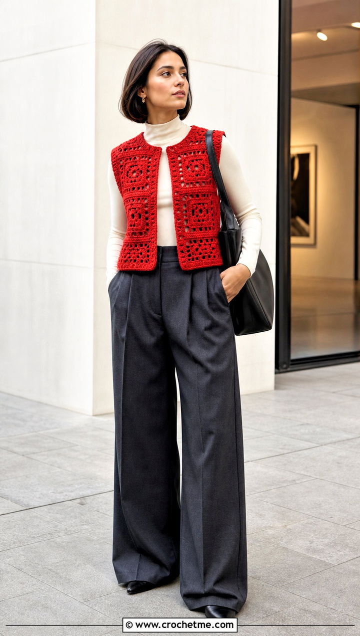 Oversized Granny Square Waistcoat With Wide Leg Trousers - 25 crochet granny square waistcoat outfit ideas