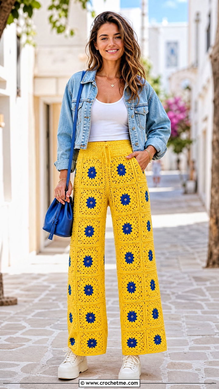 Oversized Granny Square Wide Leg Pants With Denim Jacket And Tank - 35 crochet granny square pants outfit ideas