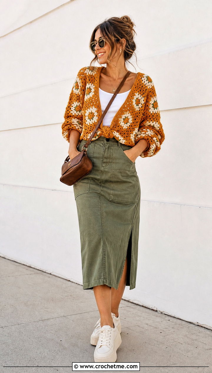 Oversized Granny Square Wrap Top With Utility Midi Skirt - 35 granny square wrap top outfit ideas