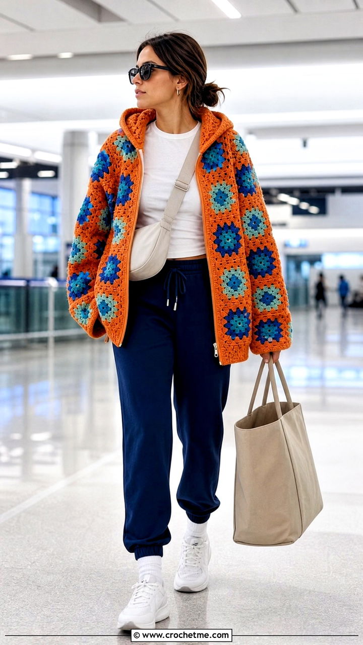 Oversized Granny Square Zip Hoodie With Joggers - 35 granny square hoodie outfit ideas