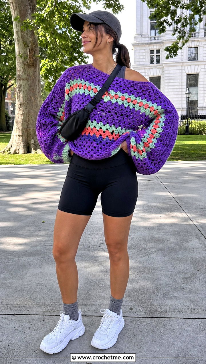 Oversized Granny Stitch Boatneck Crochet Sweater With Bike Shorts - 25 Boatneck Crochet Sweater outfit ideas