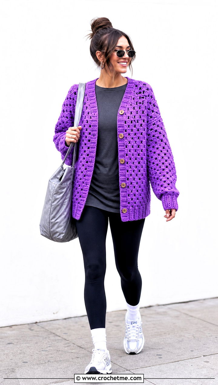 Oversized Granny Stitch Crochet Button Cardigan With Leggings - 15 crochet sweater with button closure outfit ideas