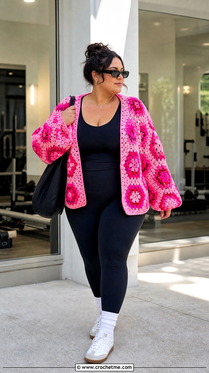 Oversized Granny Stitch Hexi Cardi With Leggings - 35 crochet hexi cardi outfit ideas