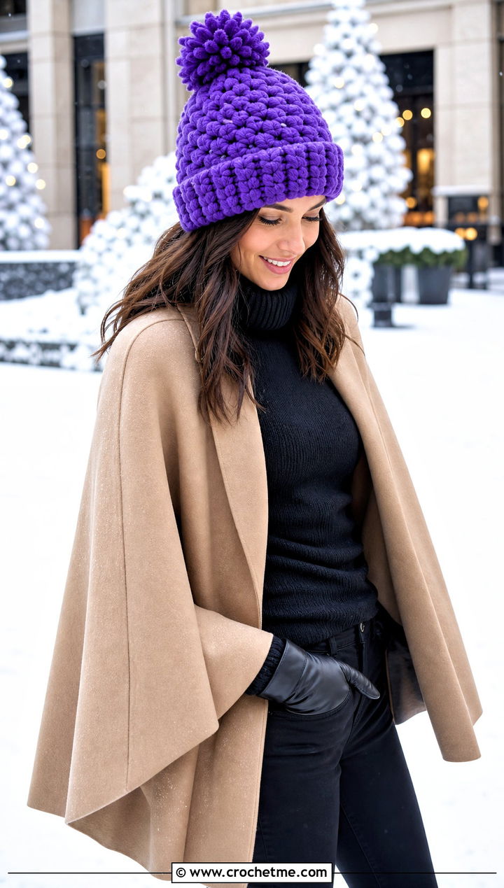 Oversized Granny Stitch Pom Pom Hat With Cape And Tall Boots - 30 crochet granny stitch hat outfit ideas
