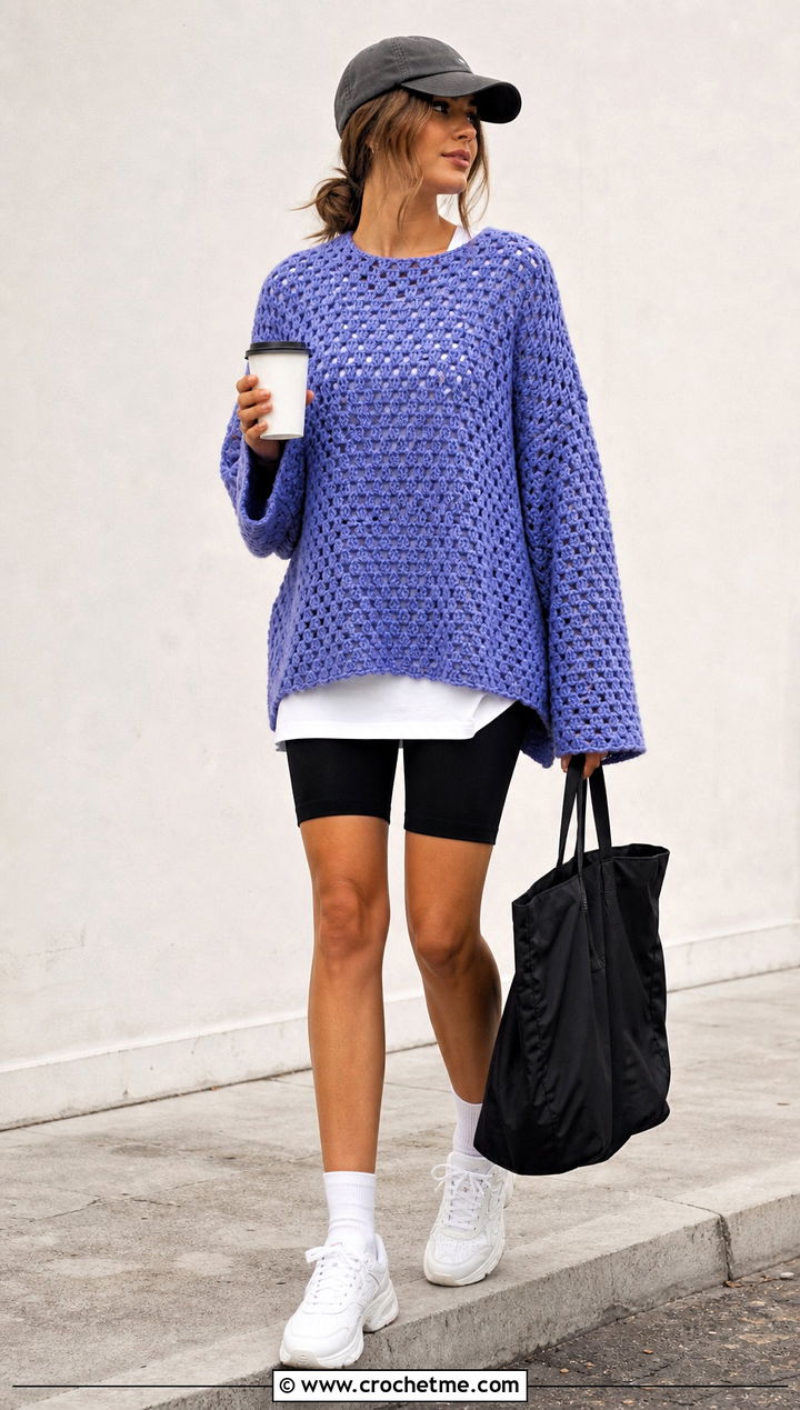 Oversized Granny Stitch Top With Bike Shorts - 35 crochet granny stitch top outfit ideas